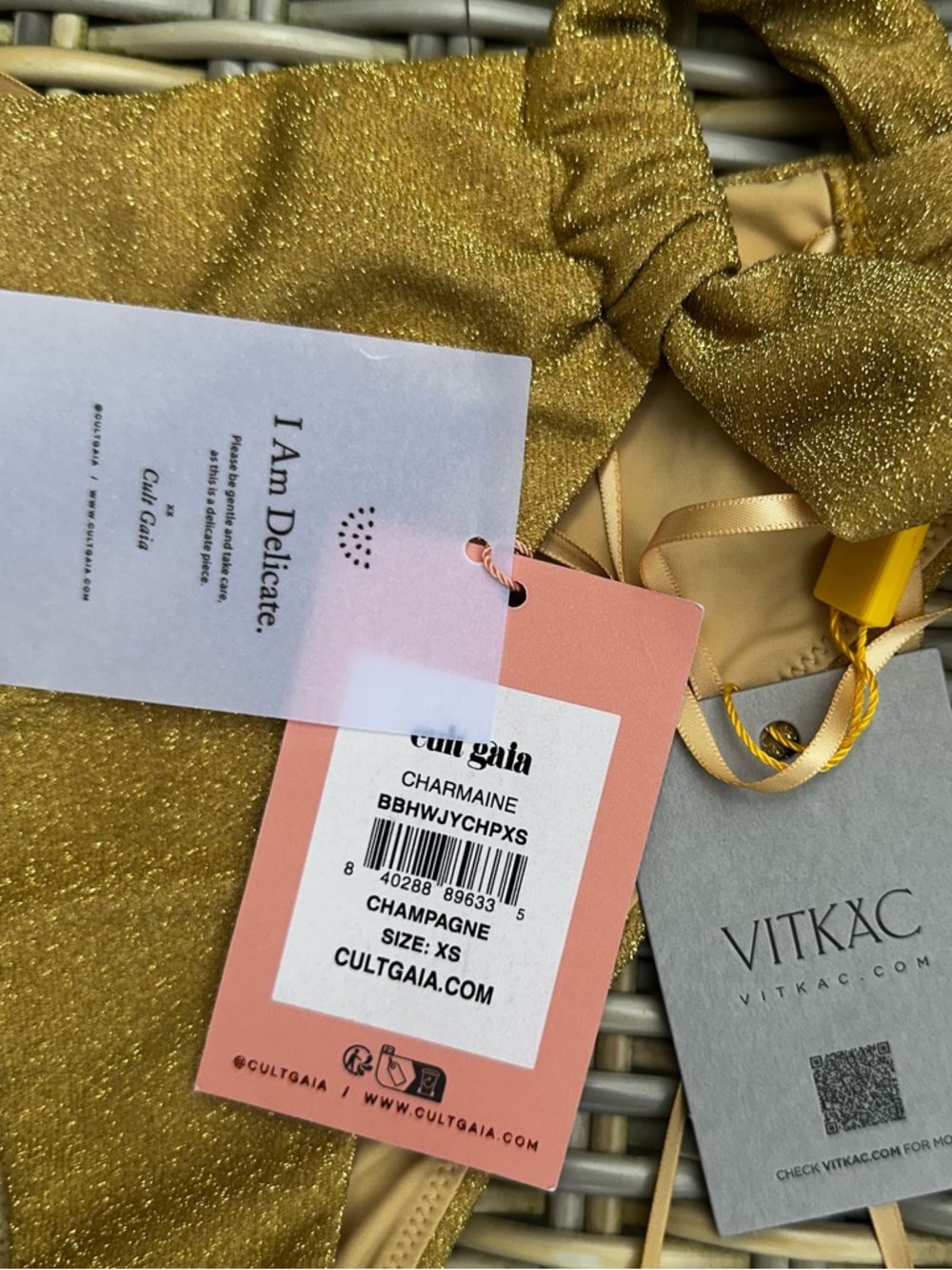NWT Cult Gaia Charmaine One Shoulder Bikini XS Top Bottom Set Gold - Picture 14 of 14
